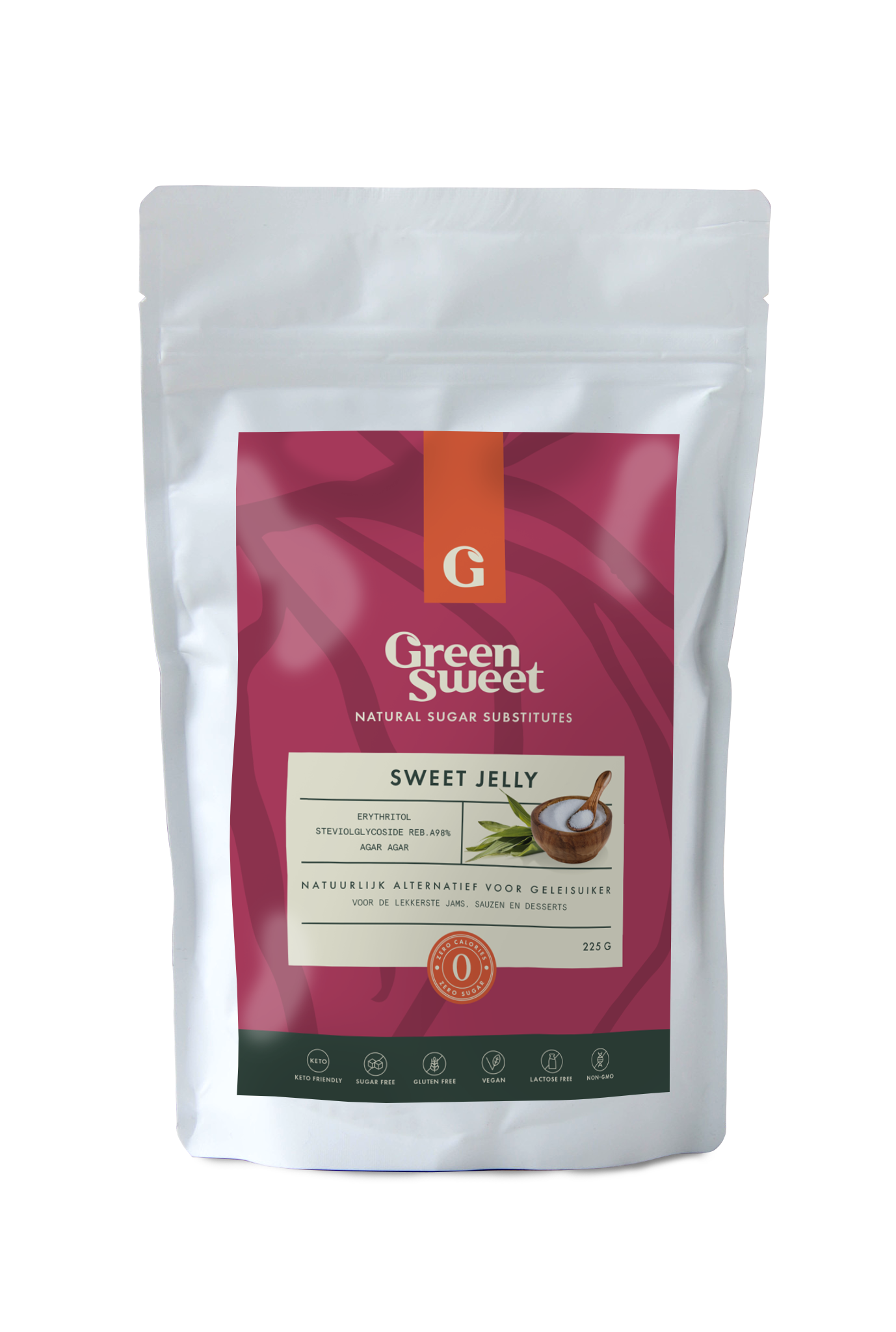 Green Sweet green jelly in a clear container, 225 grams, from the Suikers en Zoetstoffen product line.