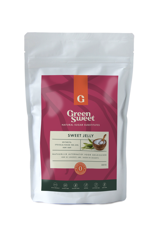 Green Sweet green jelly in a clear container, 225 grams, from the Suikers en Zoetstoffen product line.