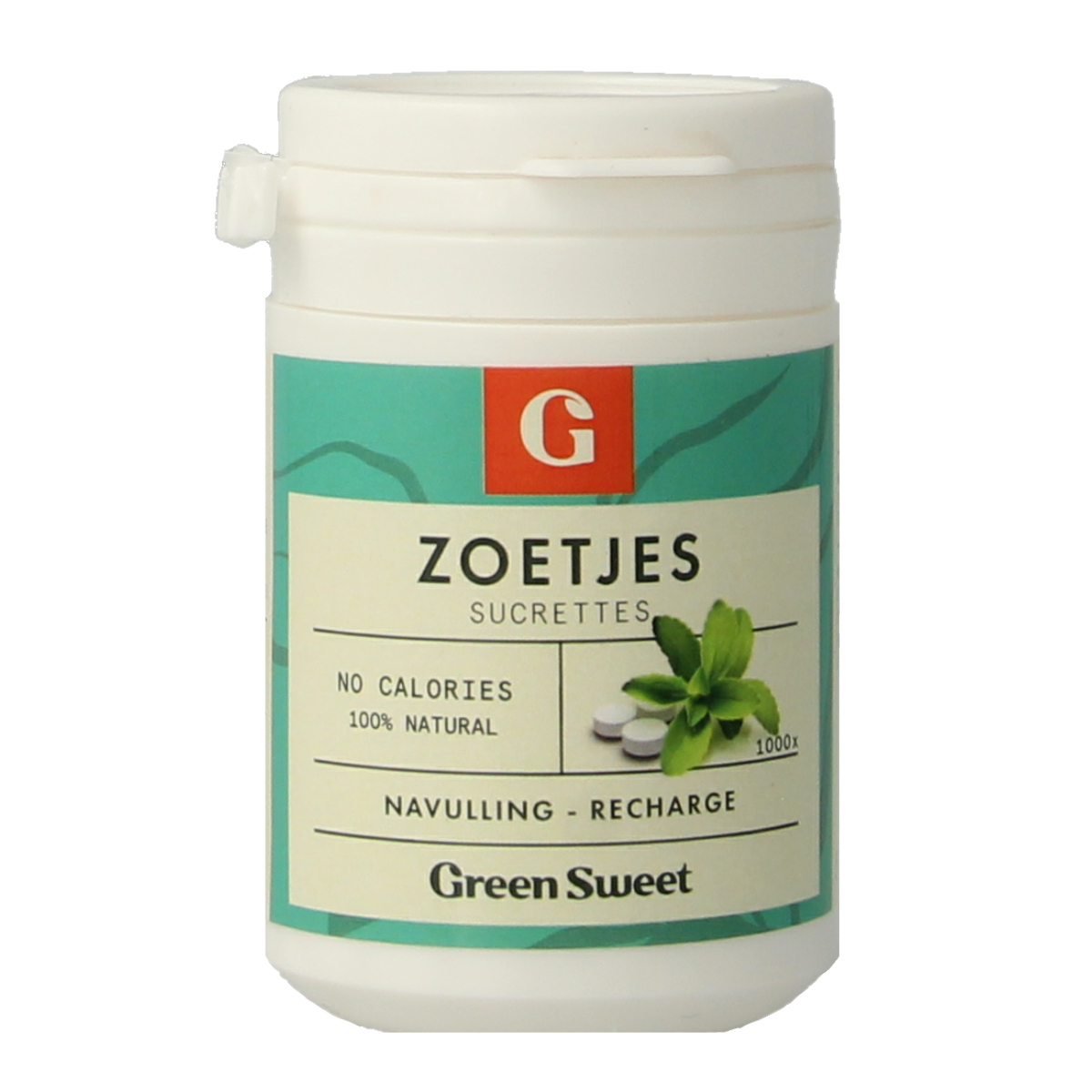 Green Sweet Sweet Zoetjes refill pack with 1000 sugar substitutes, shown in a clear image of the packaging.
