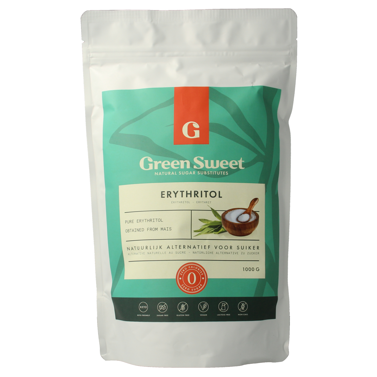Green Sweet Erythritol sweetener in a 1000g package, natural sugar substitute for baking and cooking, green branding on the label.