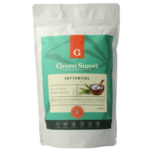 Green Sweet Erythritol sweetener in a 1000g package, natural sugar substitute for baking and cooking, green branding on the label.