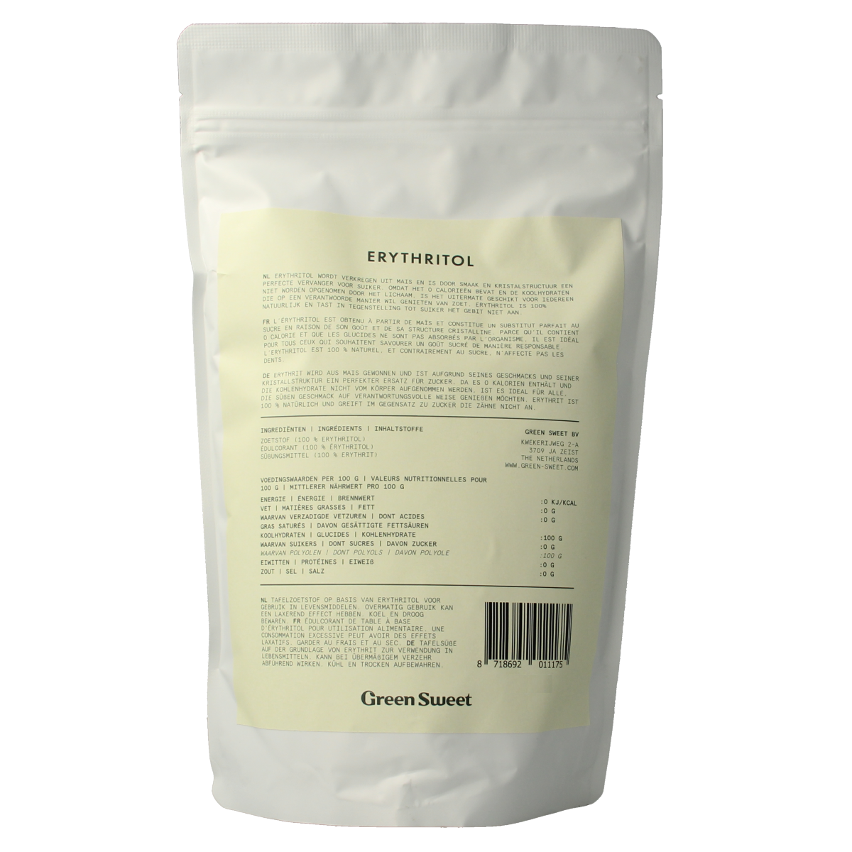 Green Sweet Erythritol in a 1000g bag, natural sweetener from Green Sweet, used as a sugar substitute in cooking and baking.