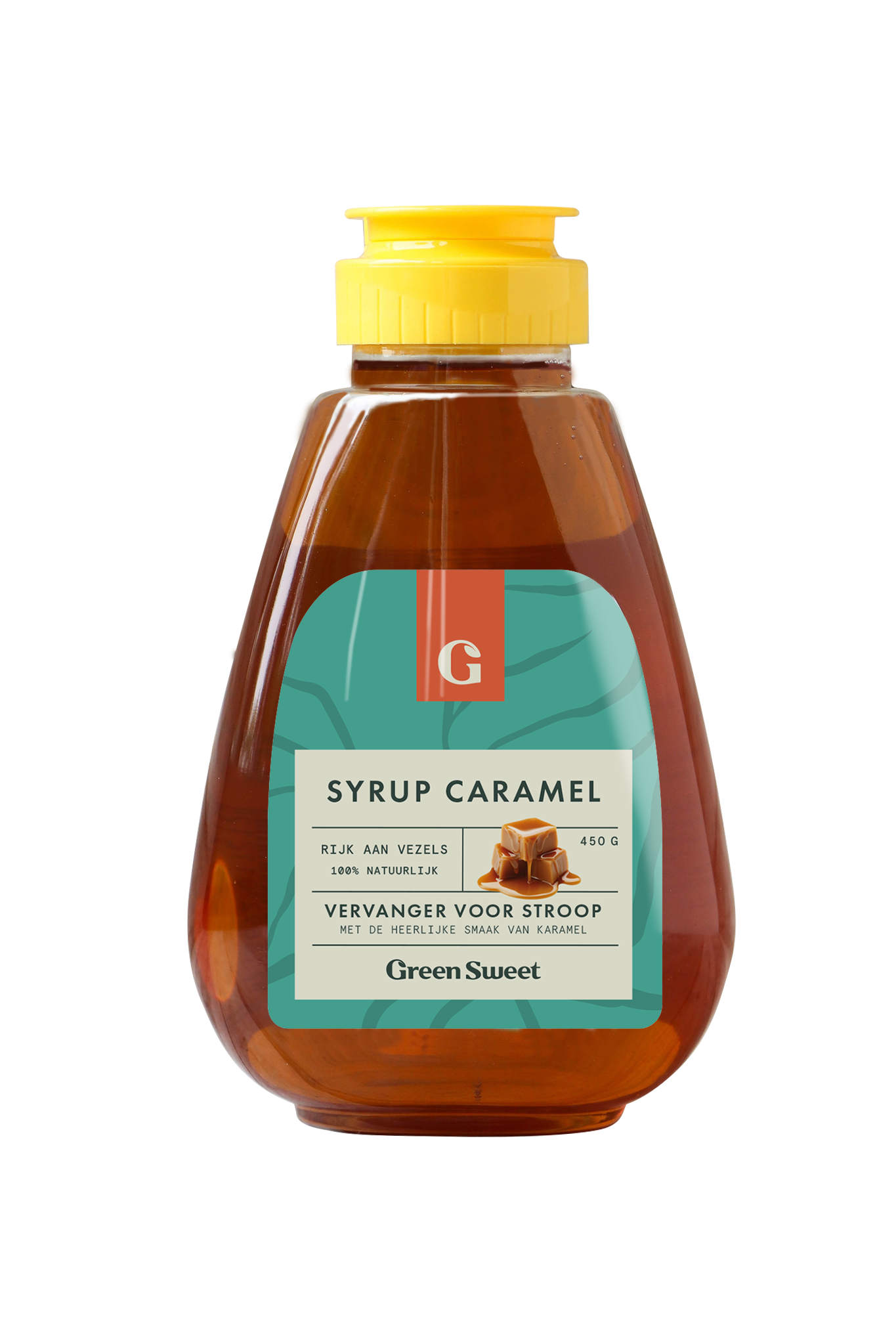Green Sweet caramel syrup in a 450g bottle, ideal as a sweet spread or topping for bread and desserts.