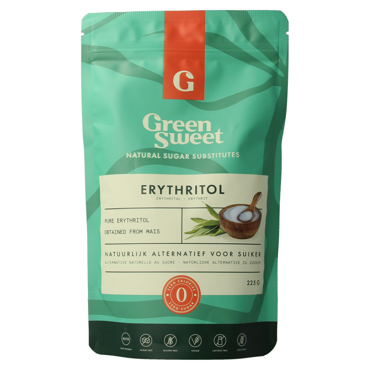 Green Sweet Erythritol sweetener in a 225g package, natural sugar substitute from the Suikers en Zoetstoffen category.