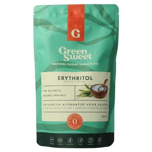 Green Sweet Erythritol sweetener in a 225g package, natural sugar substitute from the Suikers en Zoetstoffen category.
