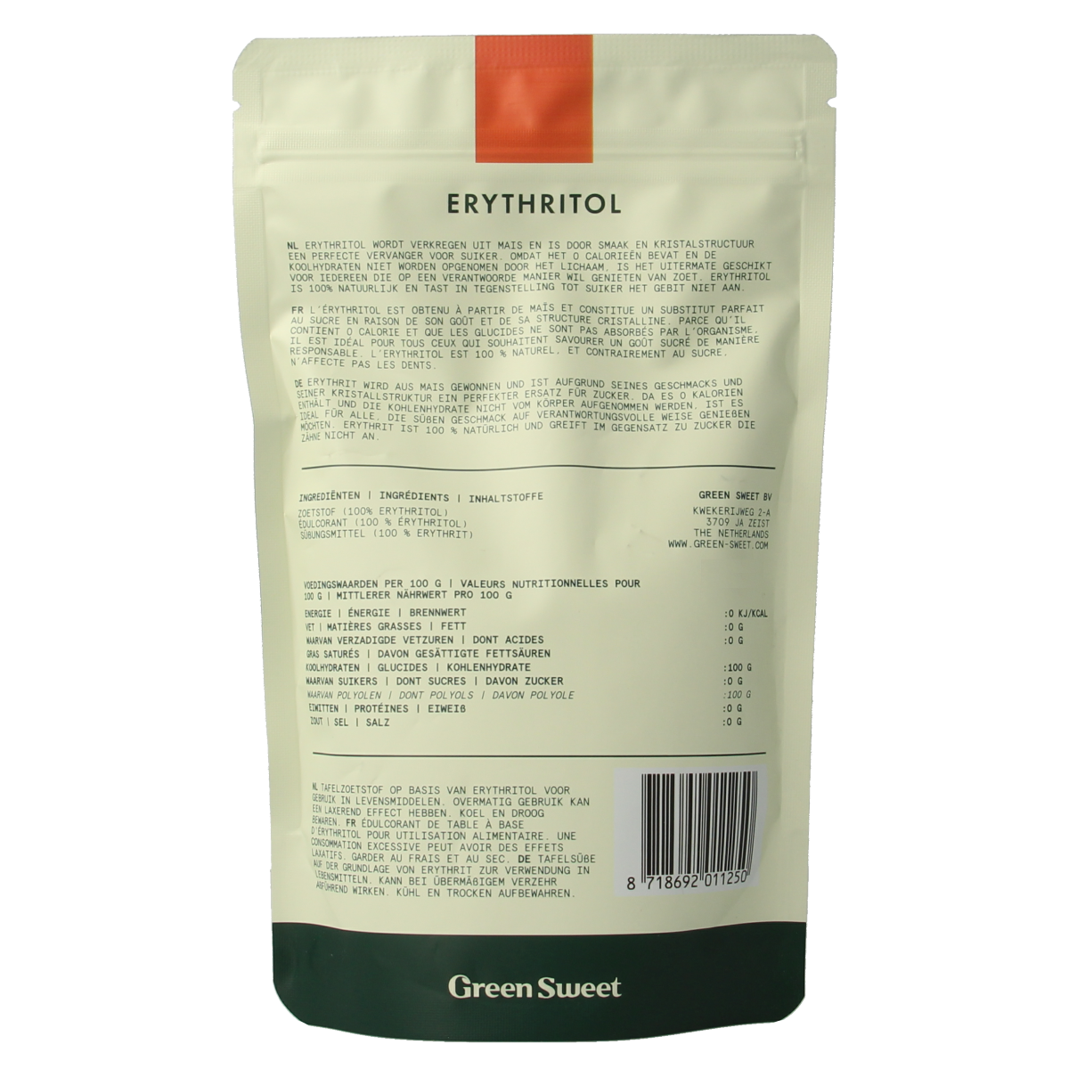 Green Sweet Erythritol sugar substitute in a 225g package, natural sweetener from the Suikers en Zoetstoffen category.