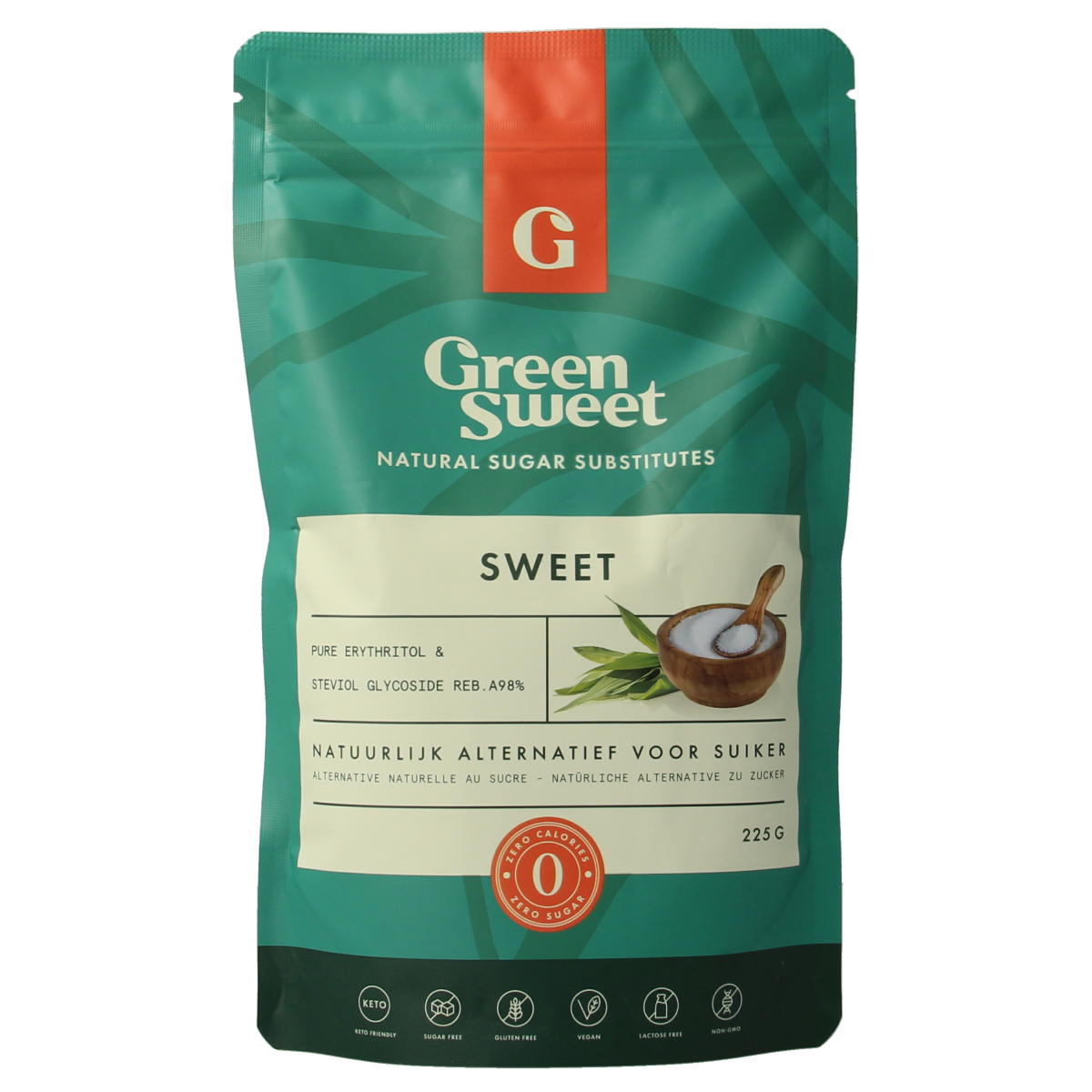 Green Sweet Suikers en Zoetstoffen green sweet 225g bag, close-up of packaging with product name and barcode.