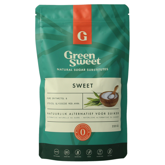 Green Sweet Suikers en Zoetstoffen green sweet 225g bag, close-up of packaging with product name and barcode.