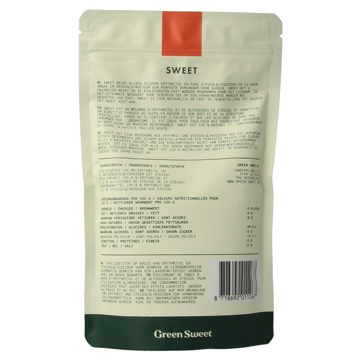 Green Sweet Suikers en Zoetstoffen in a 225g package, featuring green packaging with sugar and sweetener visuals.