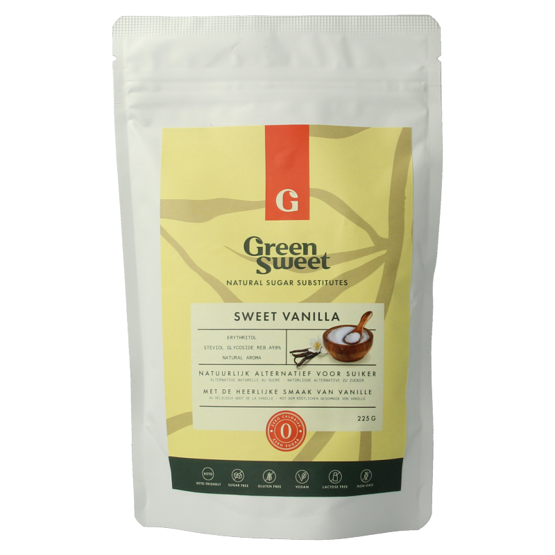 Green Sweet Vanille sweetener in a 225g package, featuring green packaging and vanilla flavor.