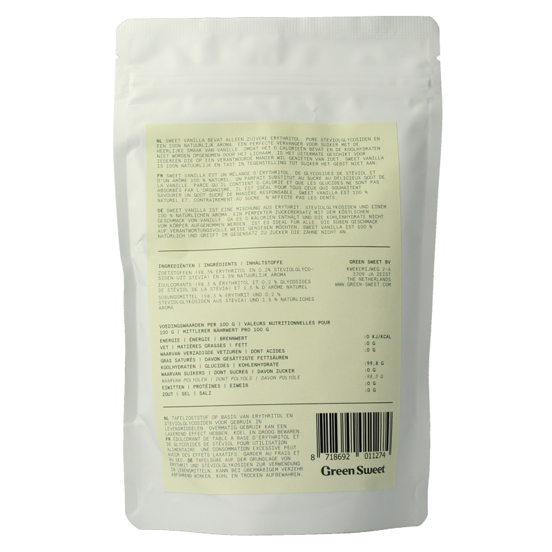 Green Sweet Vanille Suikers en Zoetstoffen, 225g box of sweet vanilla flavoring, shown in the image.