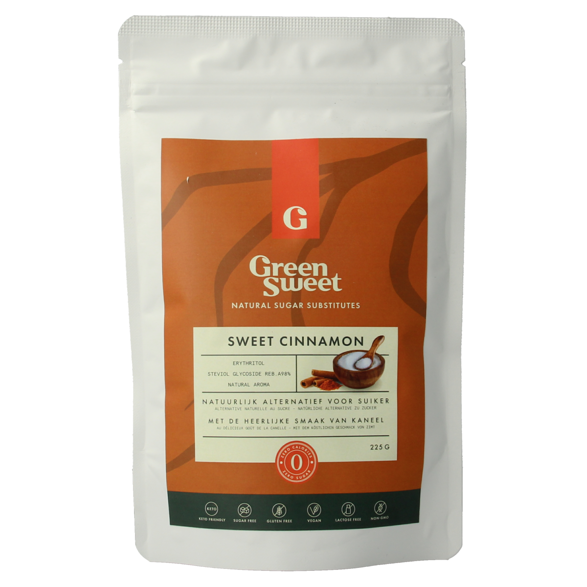Green Sweet cinnamon in 225g container, showing fresh greenish-brown cinnamon sticks and powder for baking and cooking.