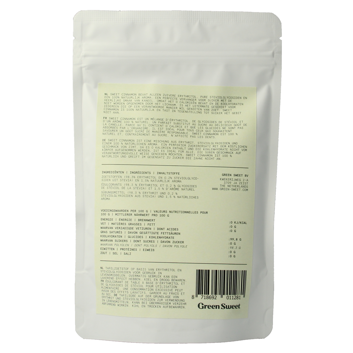 Green Sweet cinnamon (kaneel) in a 225g packet, showcasing fresh, ground cinnamon with vibrant green branding.