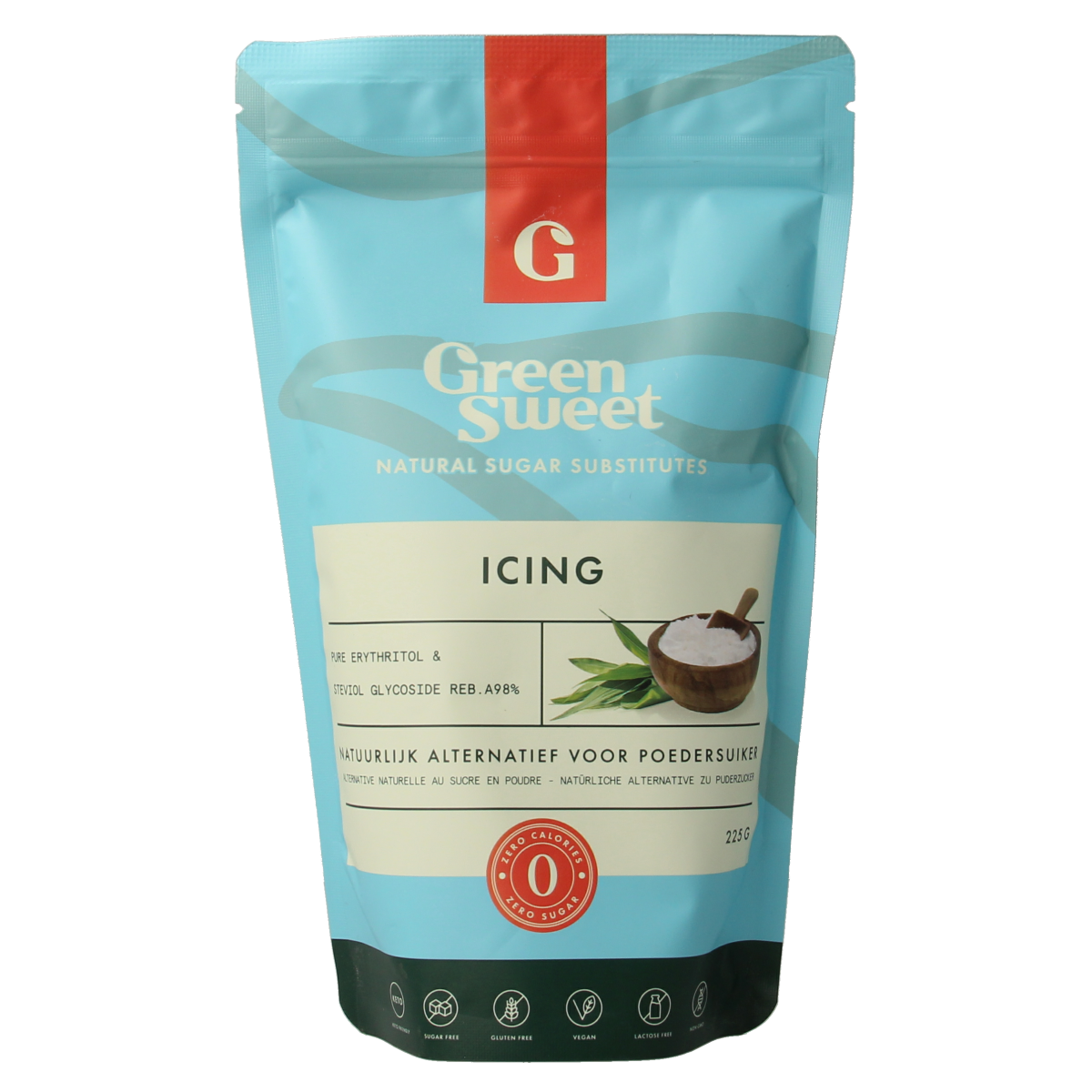 Green Sweet green icing in 225g package, showcasing smooth sweet sugar icing for baked treats and desserts