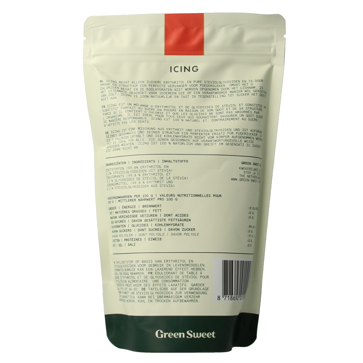 Green Sweet Icing sugar in a 225g package, showcasing vibrant green sweetener for baking and decorating.