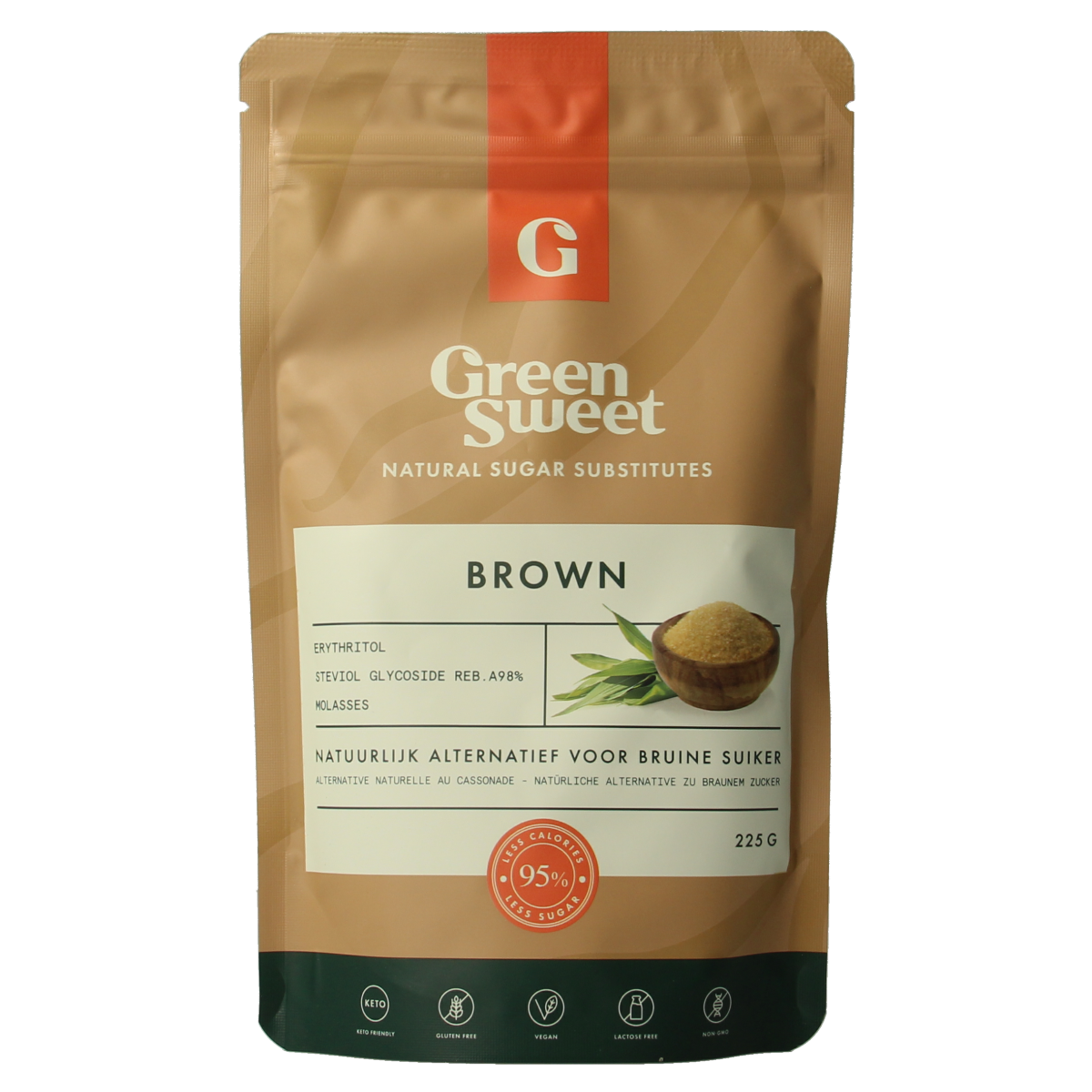 Green Sweet brown sugar in a 225g package, showing the textured brown sugar crystals from the Green Sweet brand.