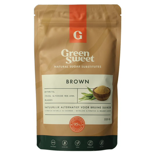 Green Sweet brown sugar in a 225g package, showing the textured brown sugar crystals from the Green Sweet brand.