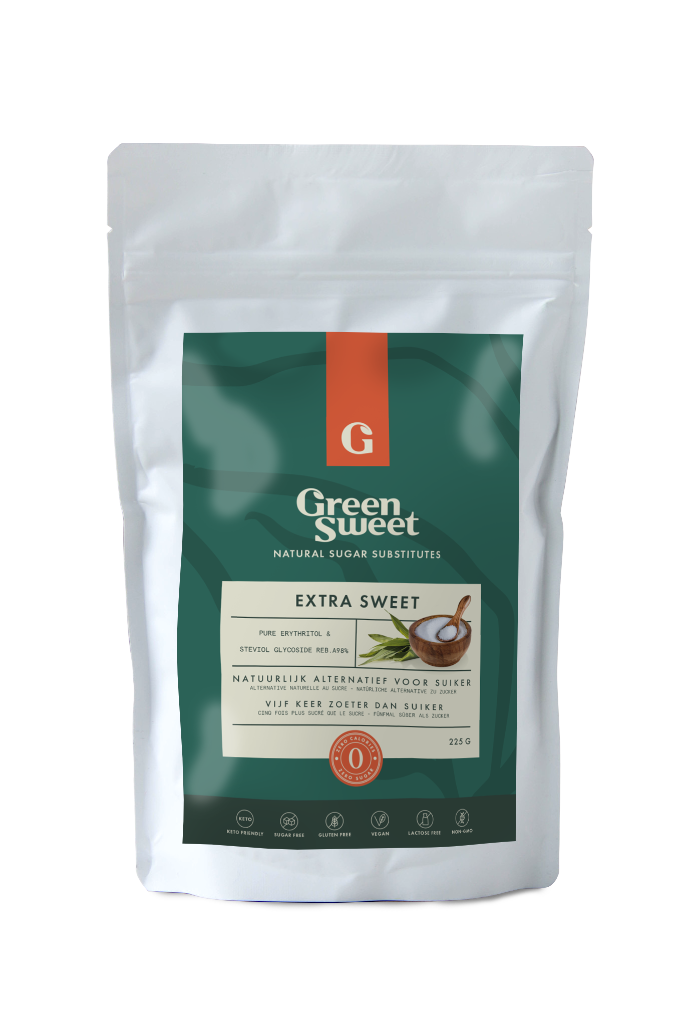 Green Sweet extra sweet sugar in 225g package, bright green color, for baking and sweetening desserts.