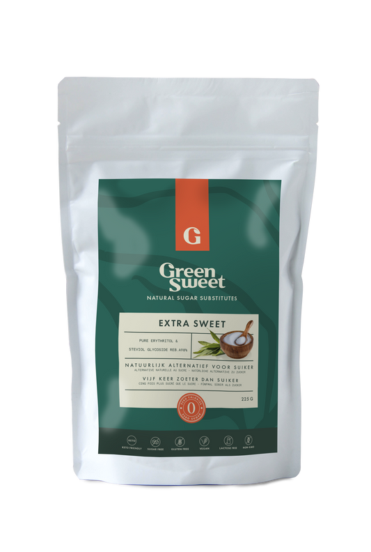 Green Sweet extra sweet sugar in 225g package, bright green color, for baking and sweetening desserts.