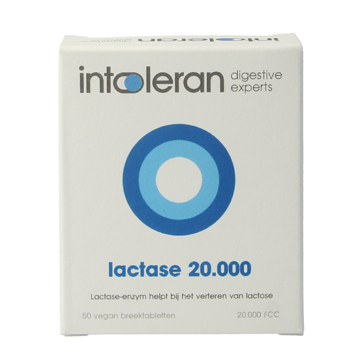 Intoleran Lactase 20,000 tablets, dietary enzymes supplement for lactose intolerance, shown in blister pack.
