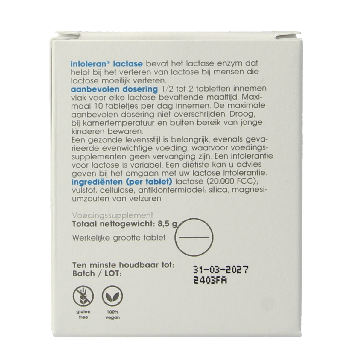 Intoleran Lactase 20,000 tablets, dietary supplement with enzymes for lactose digestion, shown in blister pack.
