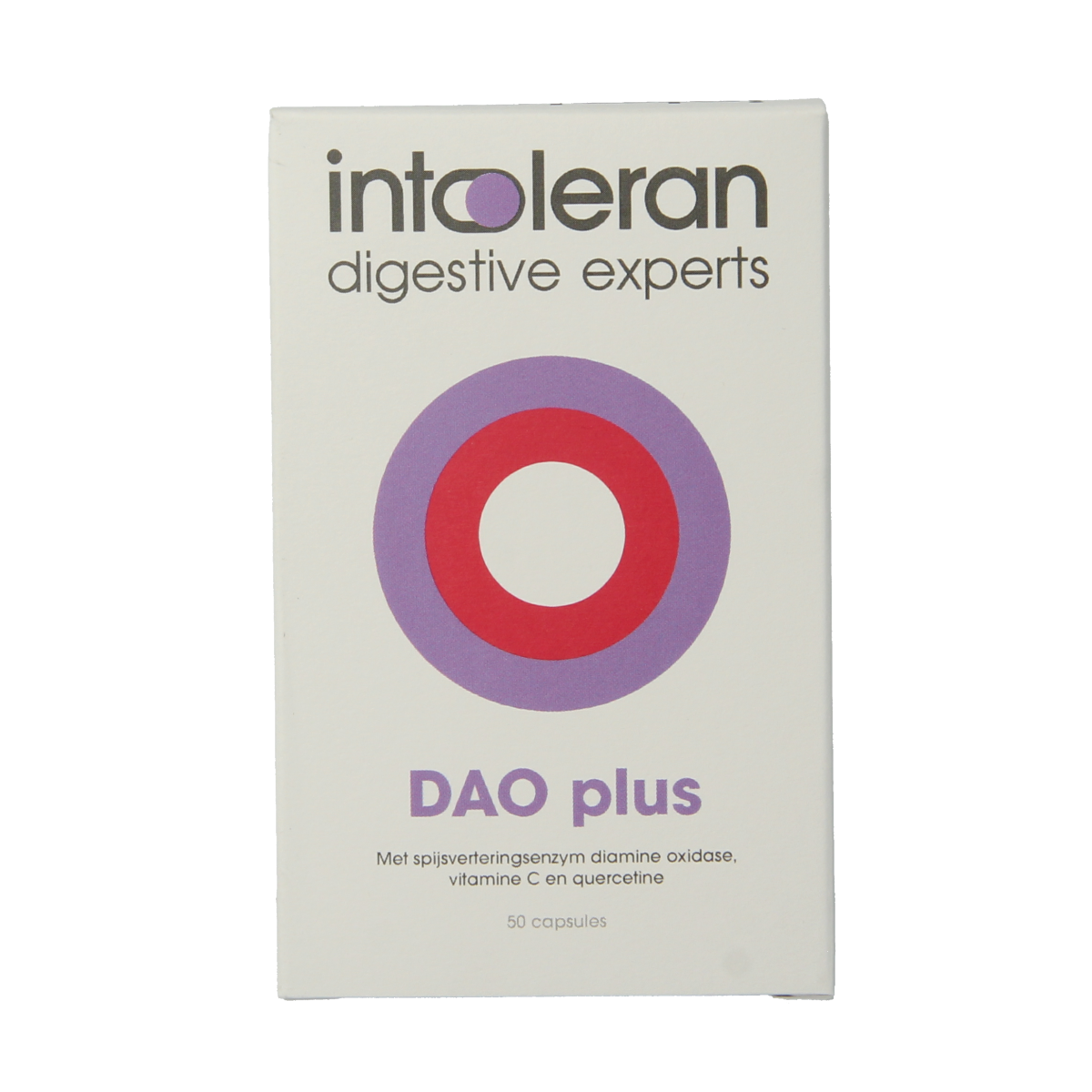 Intoleran DAO Plus capsules with fiber and enzymes in a clear bottle, designed to support digestion and gut health.