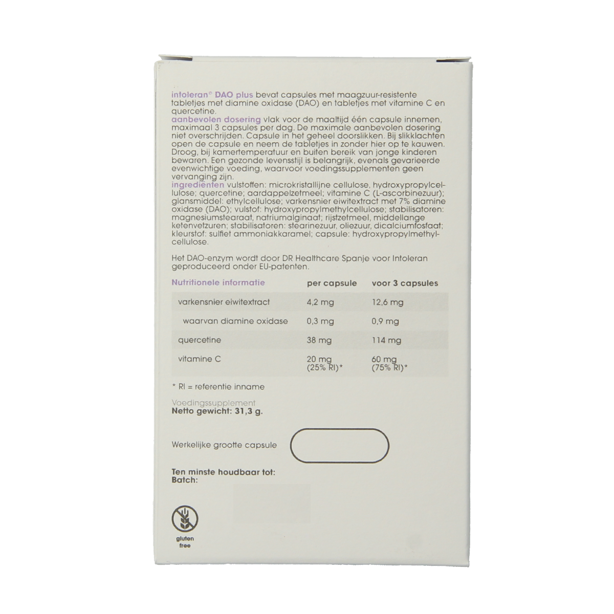 Intoleran DAO Plus capsules featuring fiber and enzyme supplement in a white bottle with a blue label.