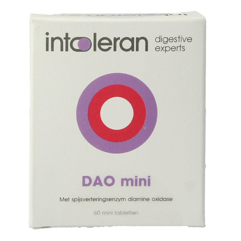 Intoleran DAO mini 60 tablets bottle with supplement label featuring fibers and enzymes for digestive health.