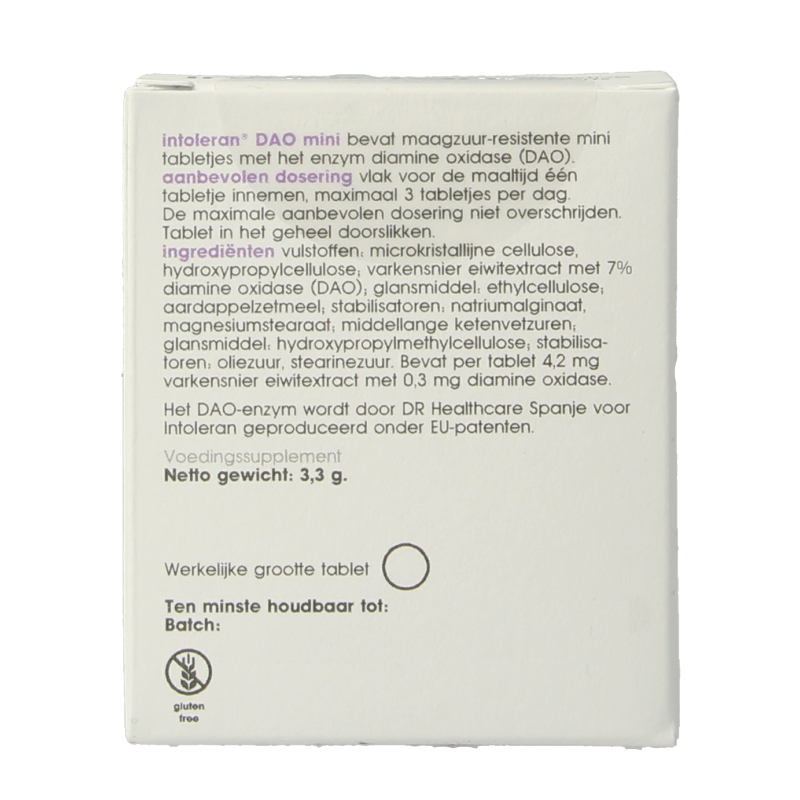 Intoleran DAO mini 60 tablets, dietary supplement with fibers and enzymes, in a blister pack.