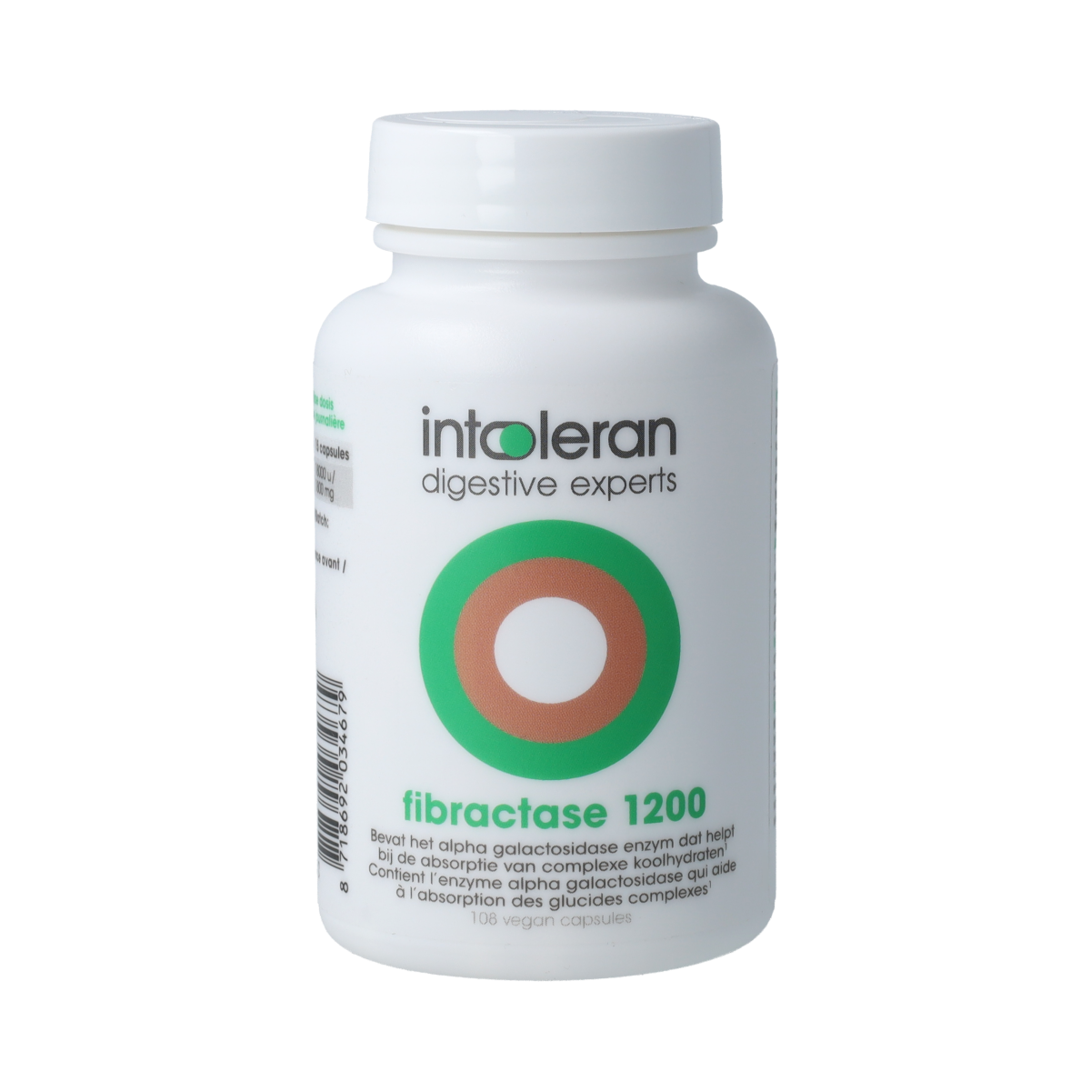 Intoleran Fibractase 1200 vegetarian capsules, dietary fiber and enzyme supplement, with the product packaging visible.