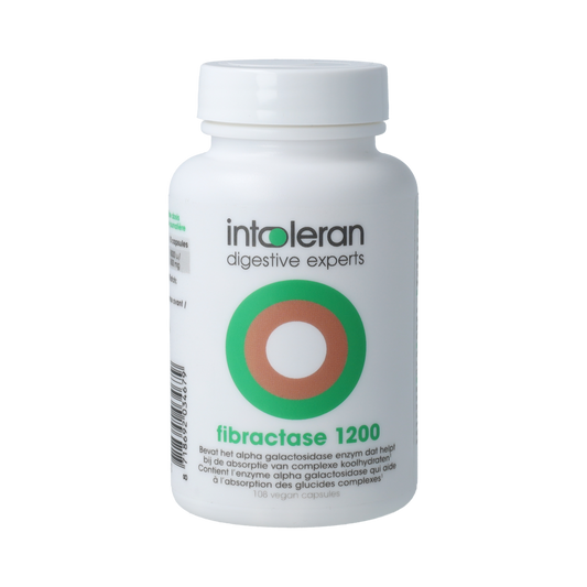 Intoleran Fibractase 1200 vegetarian capsules, dietary fiber and enzyme supplement, with the product packaging visible.