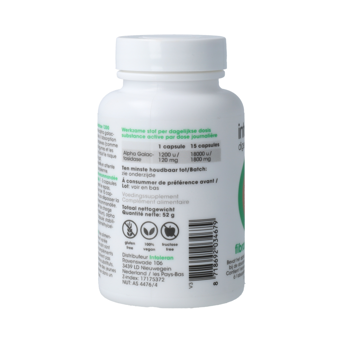 Intoleran Fibractase 1200 vegetarian capsules, dietary fiber and enzyme supplement, in a bottle with capsules visible.