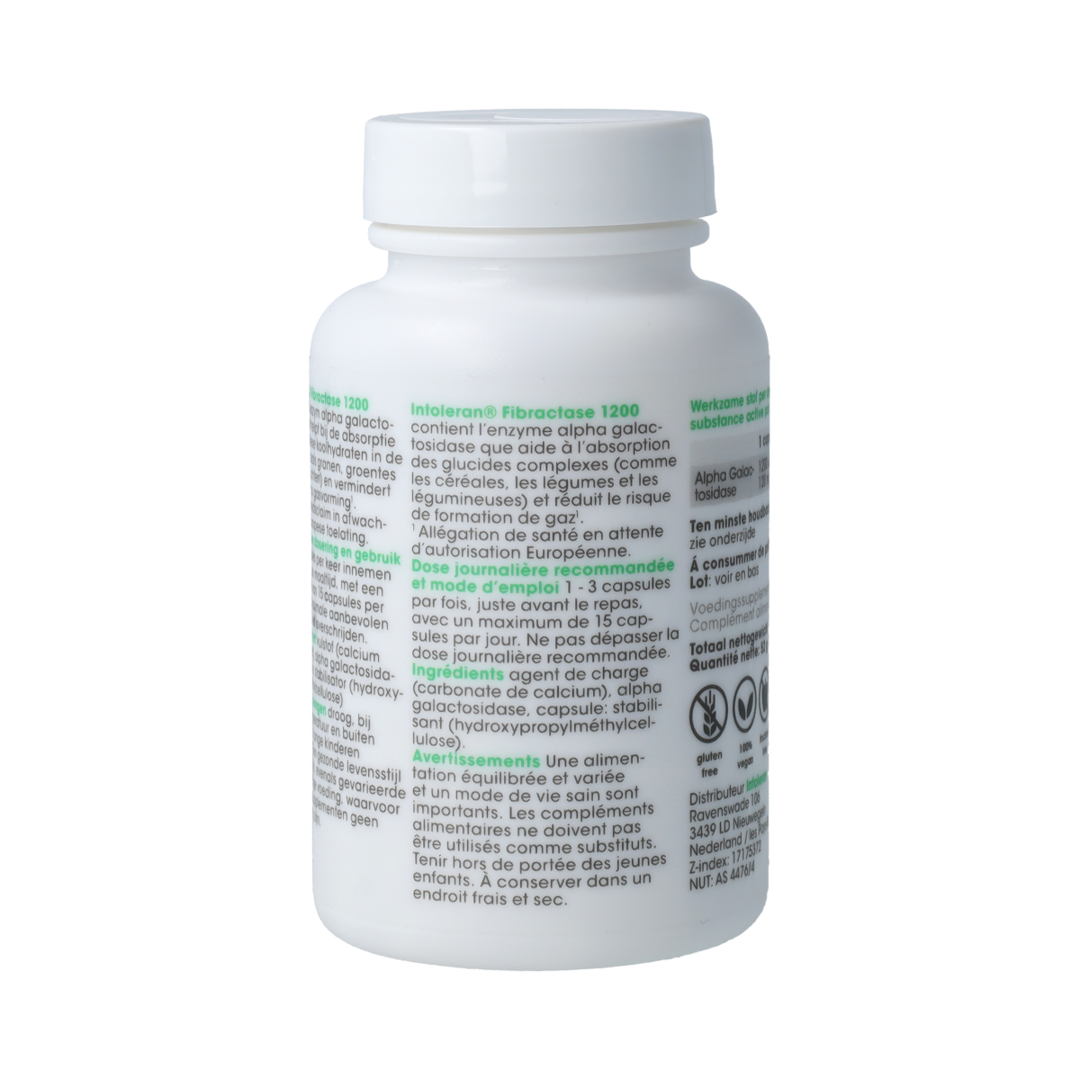 Vegetarian capsules of Intoleran Fibractase 1200, a fiber and enzyme supplement in a clear container.