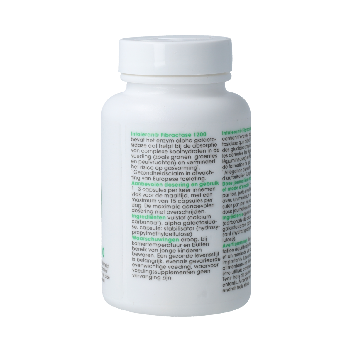 Intoleran Fibractase 1200 vegetarian capsules, dietary fiber and enzyme supplement in a bottle on a white background.