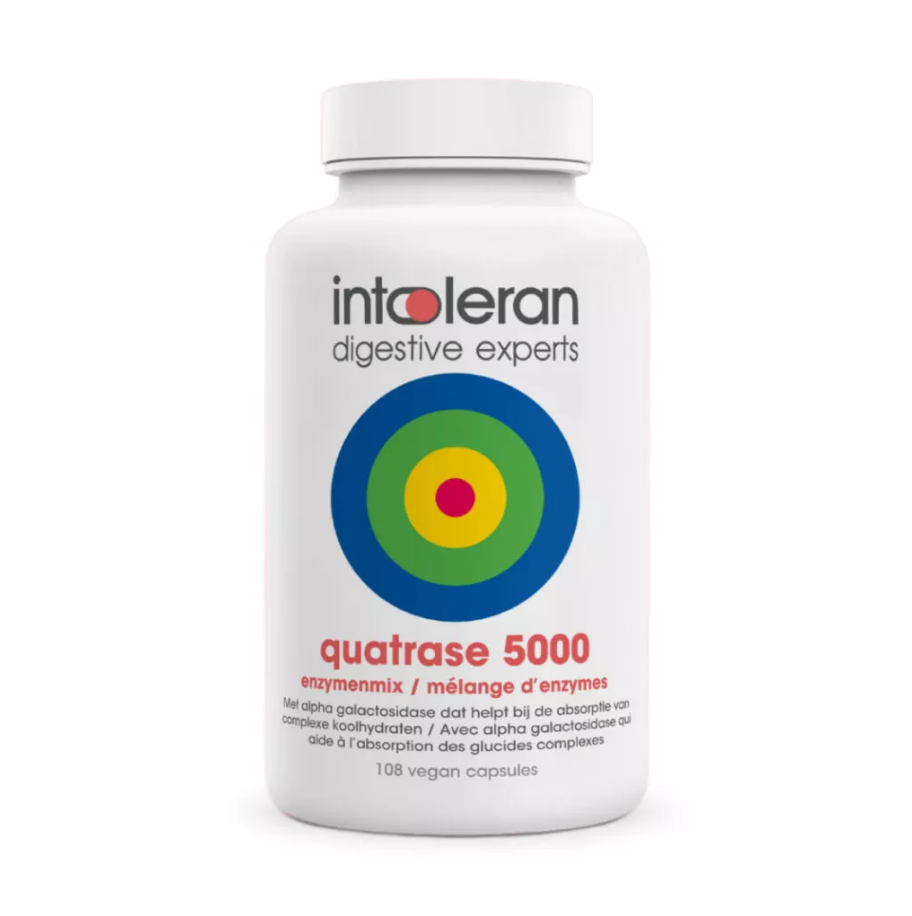 Intoleran Quatrase 5.000 vegetarian capsules containing fibers and enzymes for digestive support.