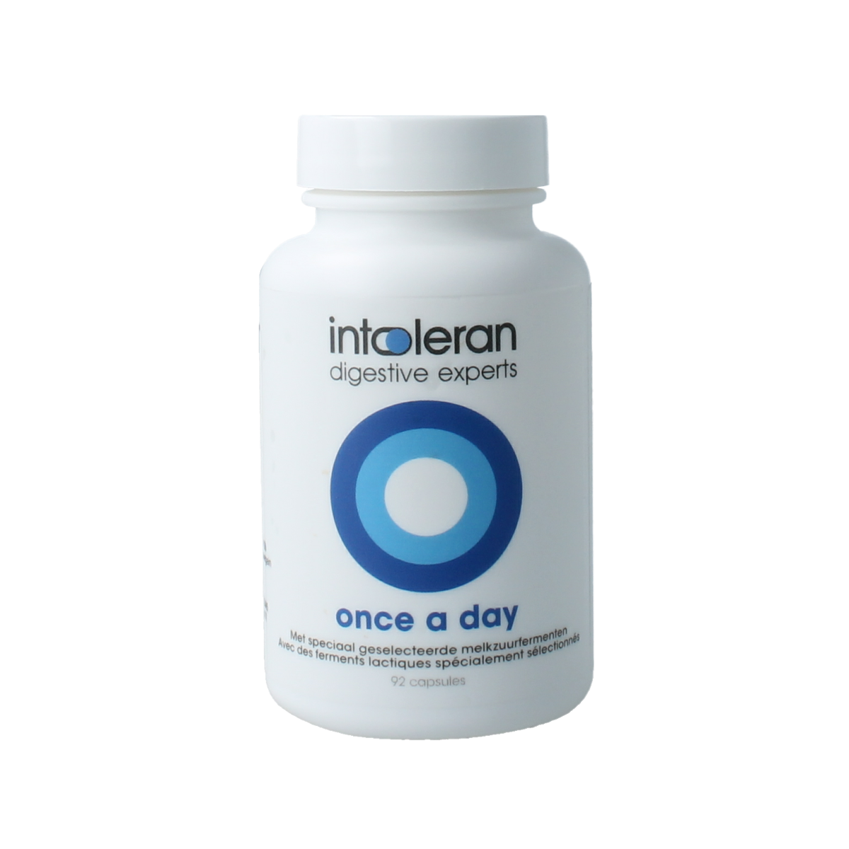 Intoleran Once a Day 92 Capsules of micro-organisms dietary supplement in a clear bottle, with capsules visible inside.