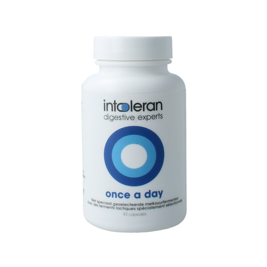 Intoleran Once a Day 92 Capsules of micro-organisms dietary supplement in a clear bottle, with capsules visible inside.