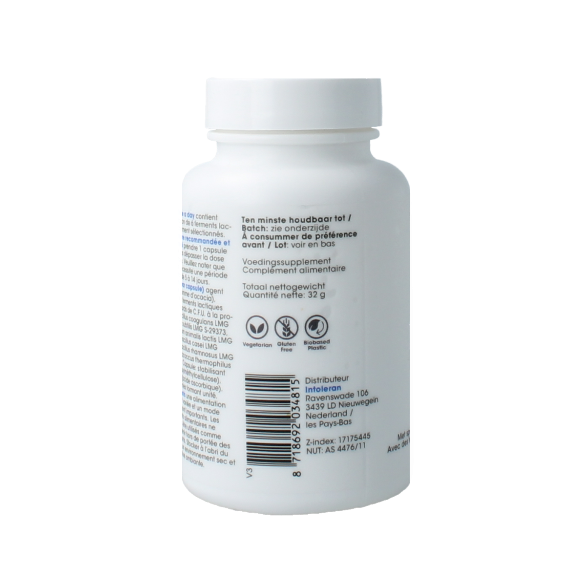 Intoleran Once a Day 92 Capsules featuring micro-organisms, in a clear bottle with a white cap and label.