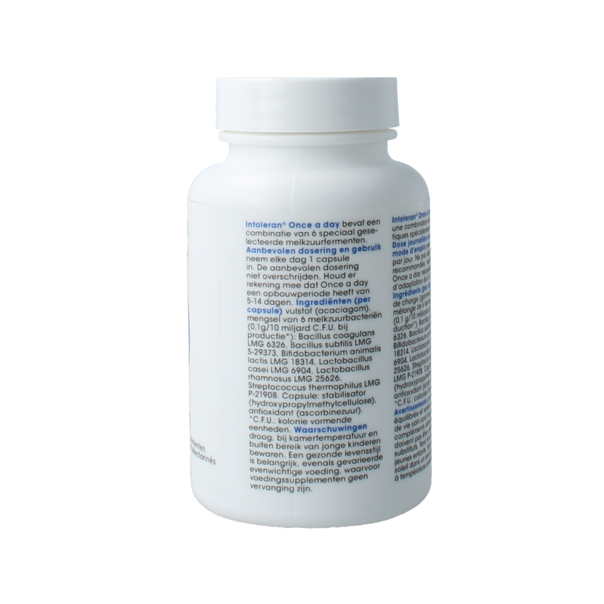 Intoleran Once a Day micro-organisms capsules, 92 count, showing the supplement bottle with capsules inside