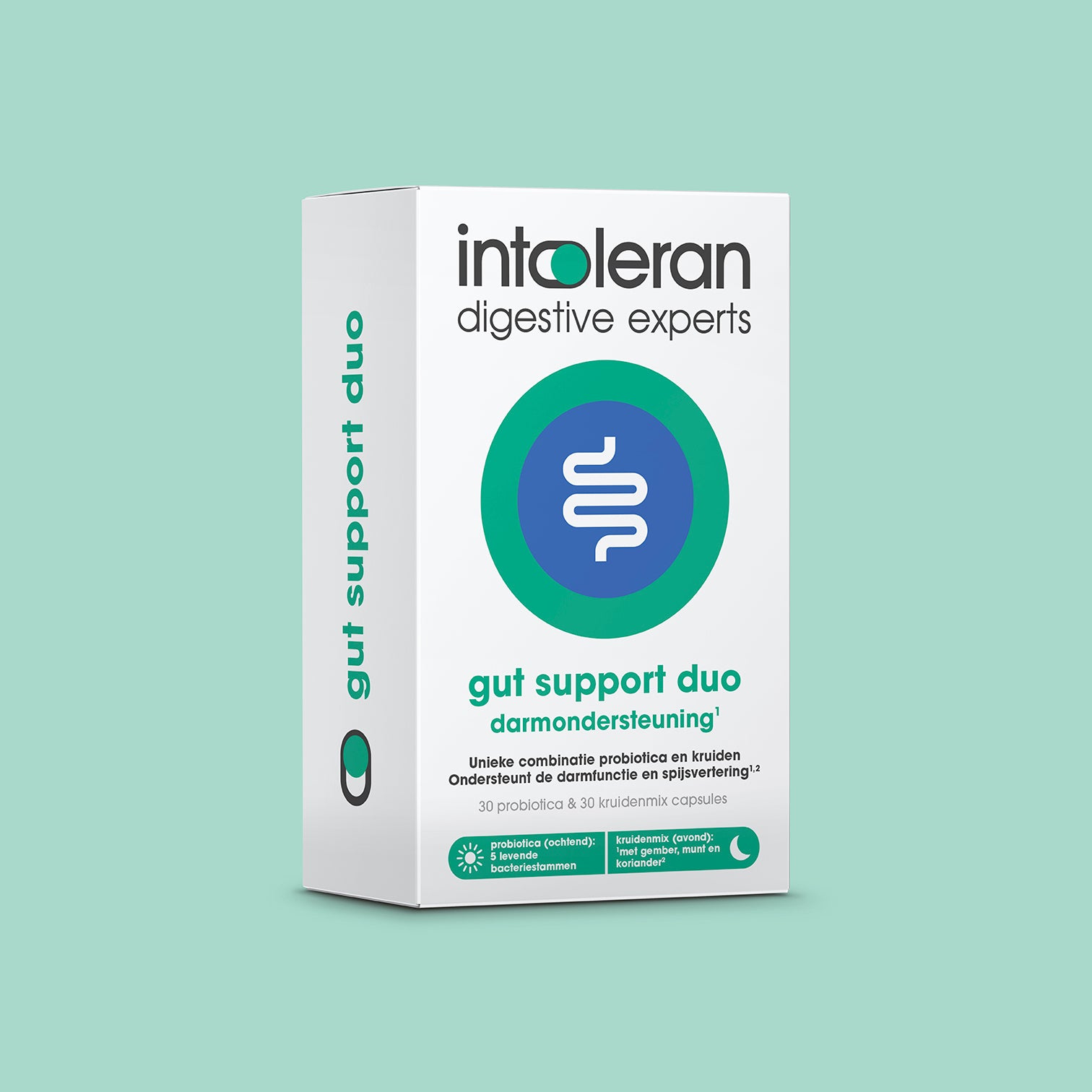 Intoleran Gut Support Duo 2x30 capsules with fibers and enzymes, showing the supplement bottles with capsules inside.