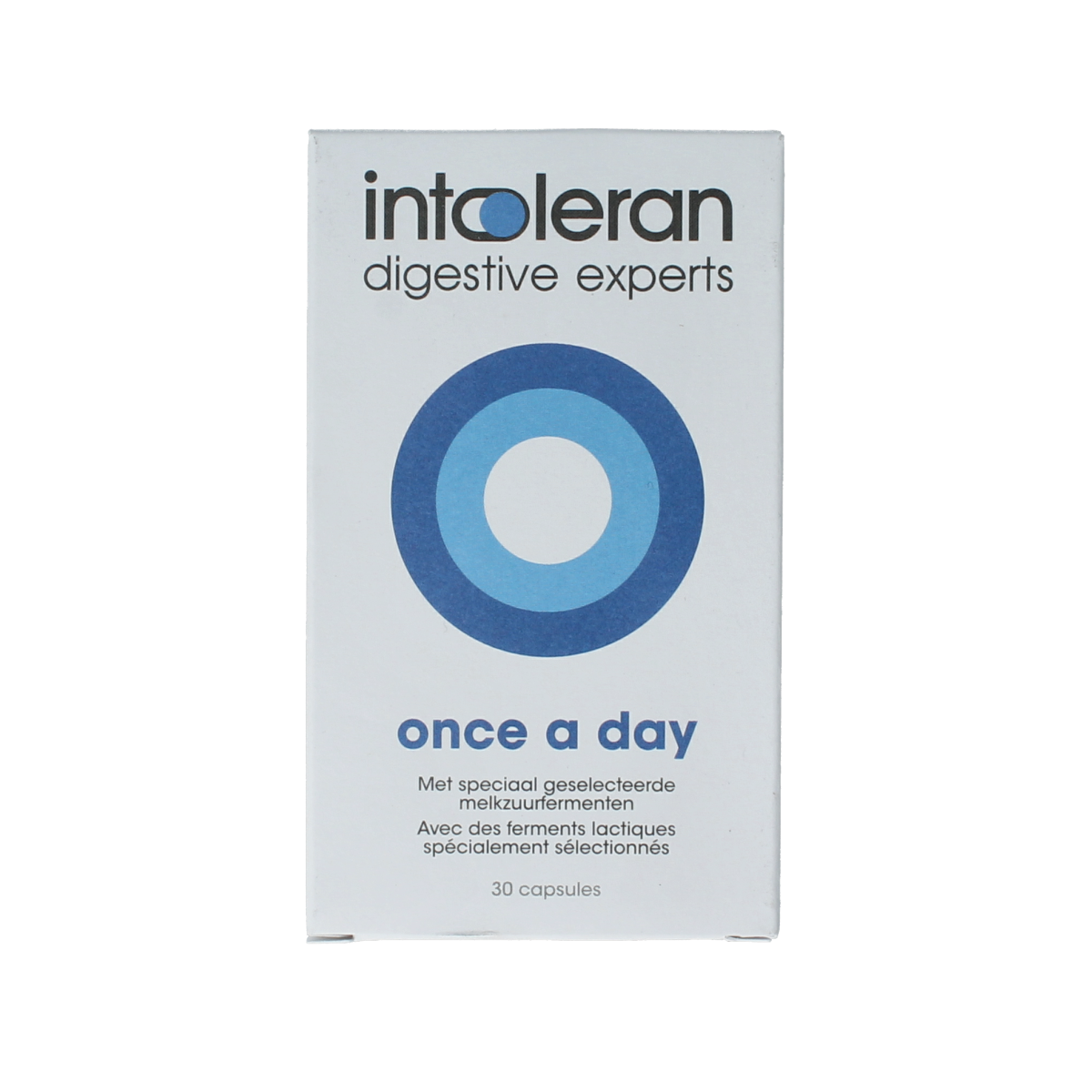 Bottle of Intoleran Once a Day probiotic capsules containing micro-organisms for daily digestive support.