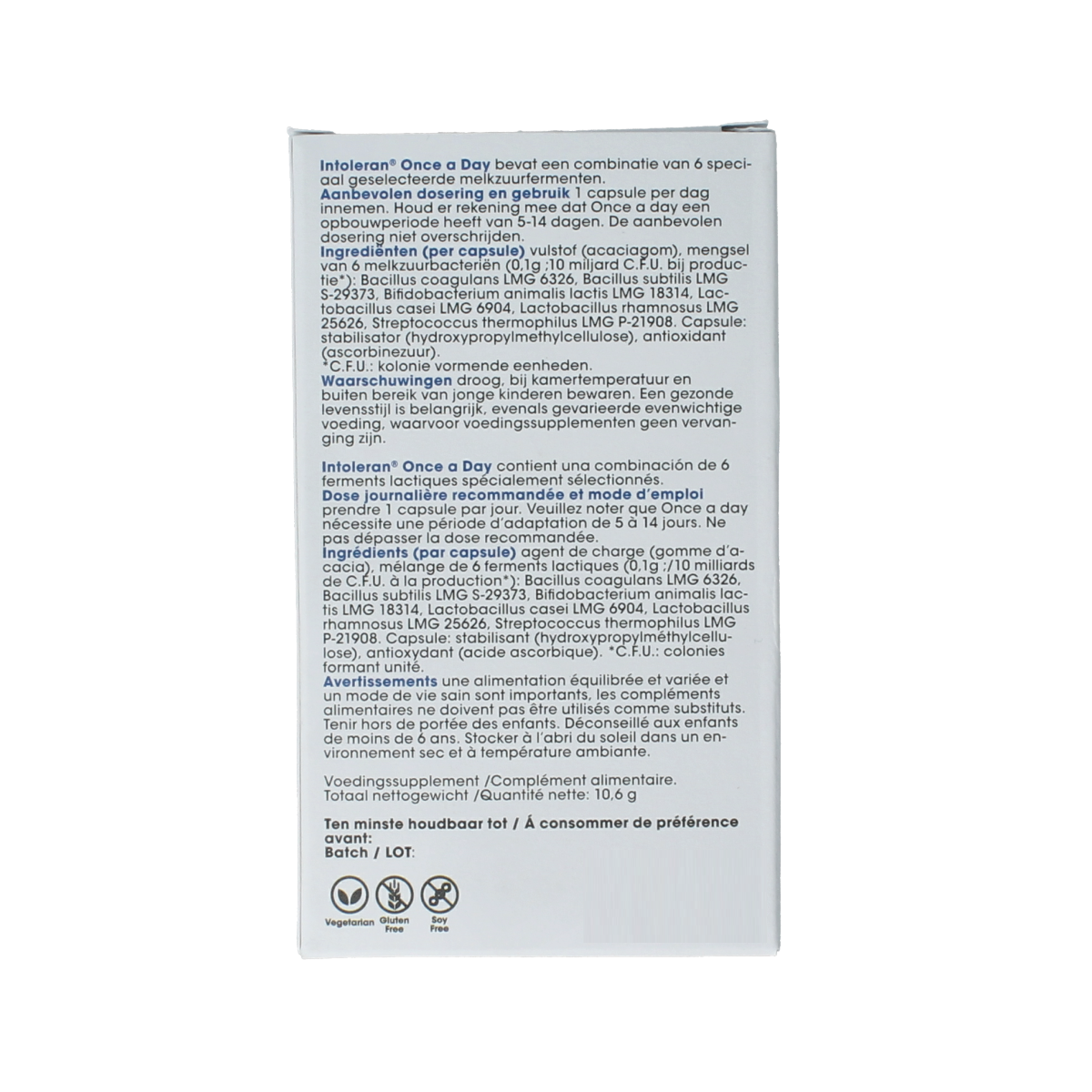 Intoleran Once a Day micro-organisms capsules, 30 count, in a bottle with label showing product details and branding.
