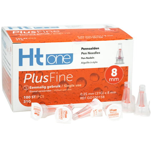 HT One PlusFine lancetten 8mm 31G in orange, sterile needle for blood sampling, 100-pack, designed for safe, accurate testing.