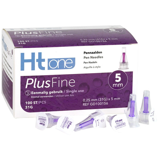 HT One PlusFine lancetten with 5mm length and 31G gauge, 100 pack, for blood sampling in diabetes management.