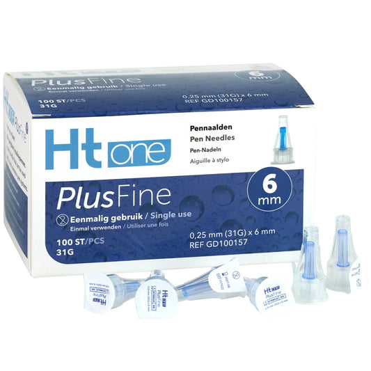 HT One PlusFine lancetten with 6mm, 31G size, blue, for blood glucose testing, 100 sterile needles in pack.