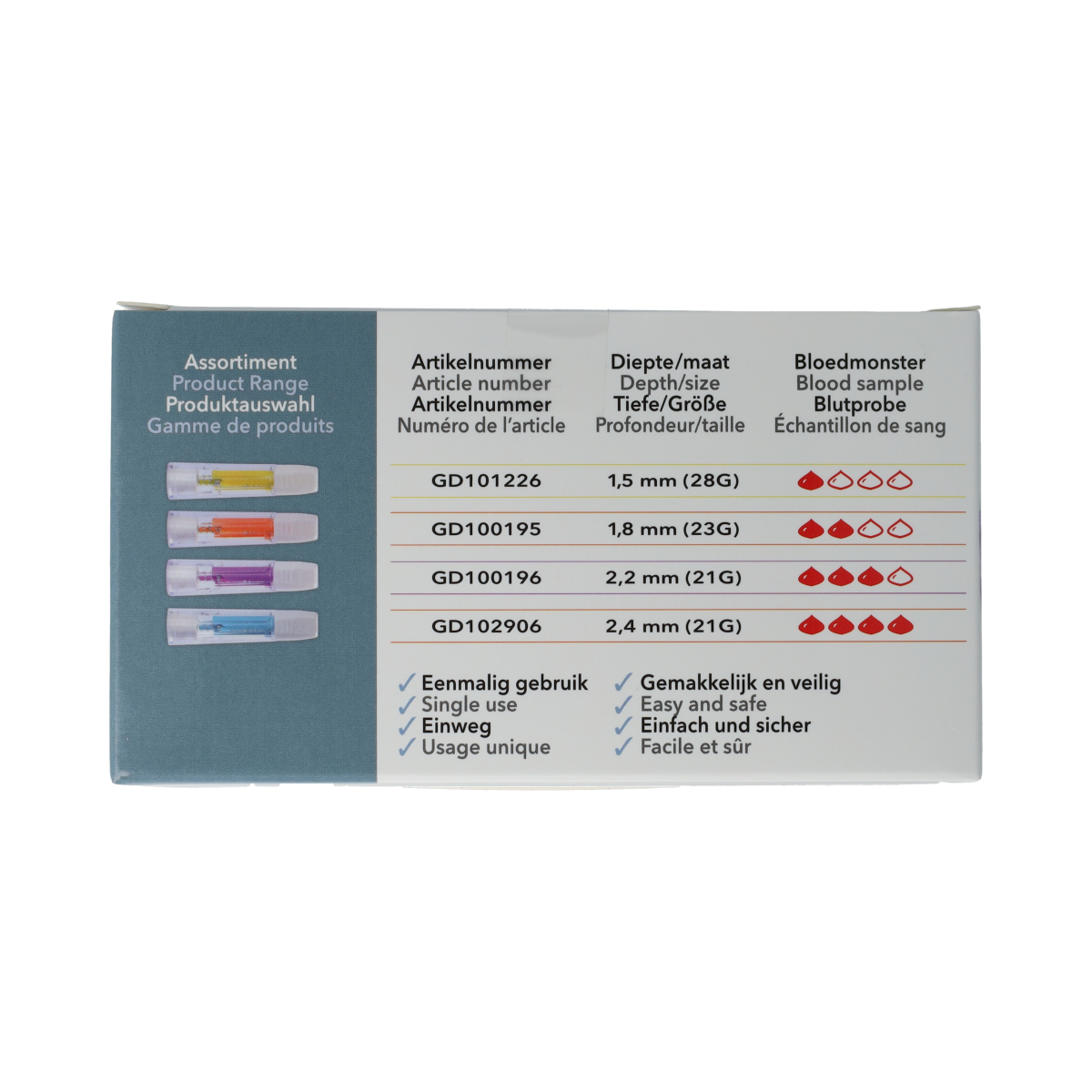 HT One safety lancetten, 1.8mm, 100 pack, sterile lancets and needles for blood sampling, in a clear image.