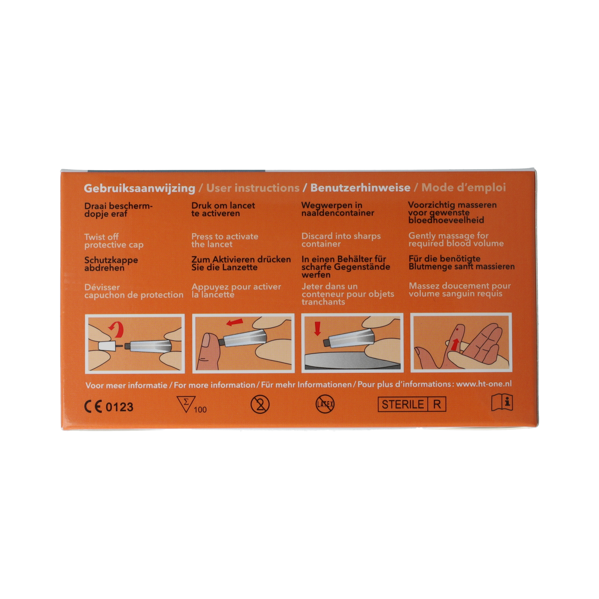 HT One Veiligheidslancetten 1.8 mm, 100 pack, sterile lancetten for blood sampling, branded HT One, with safety features.