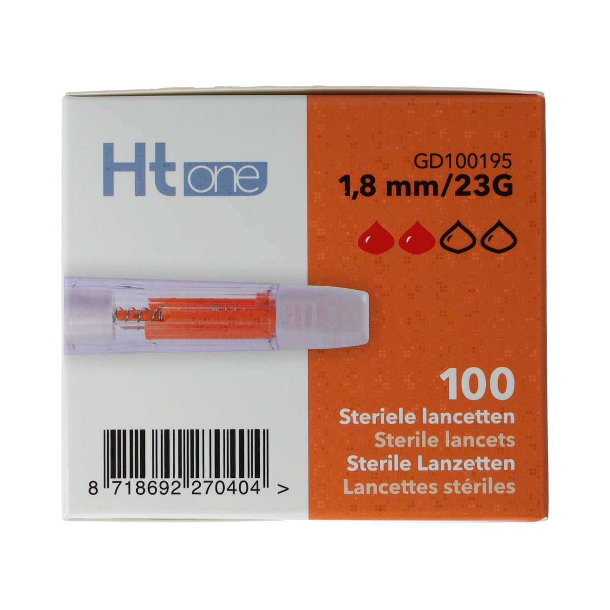 HT One safety lancets with 1.8 mm needle, 100-piece pack, designed for safe blood sampling and easy use.