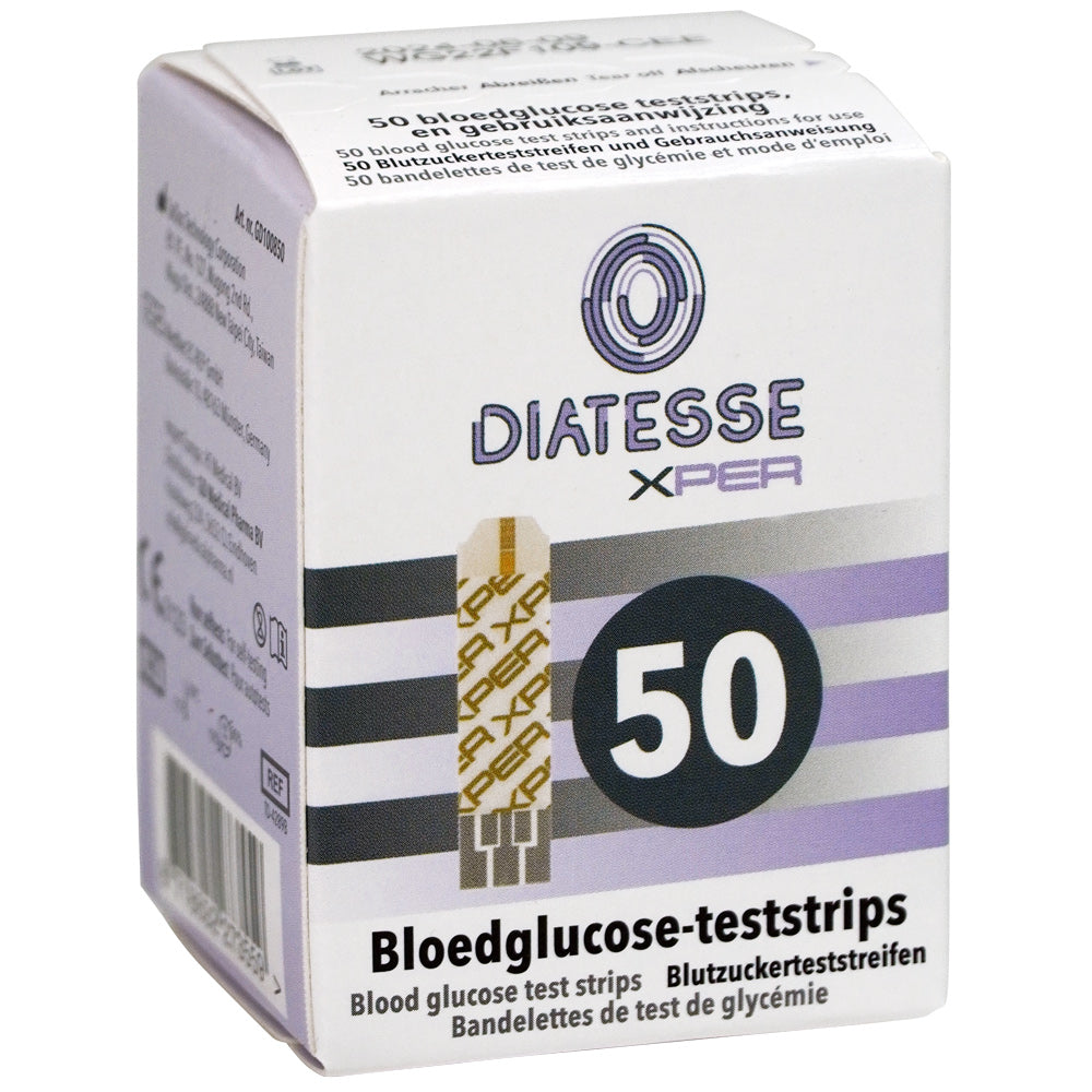 Diatesse XPER test strips for medical testing, 50-pack, with individual strips displayed in the image