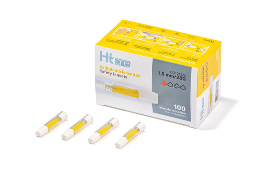 HT One safety lancets with 1.5mm needle length, 100-pack, designed for safe blood sampling and testing.